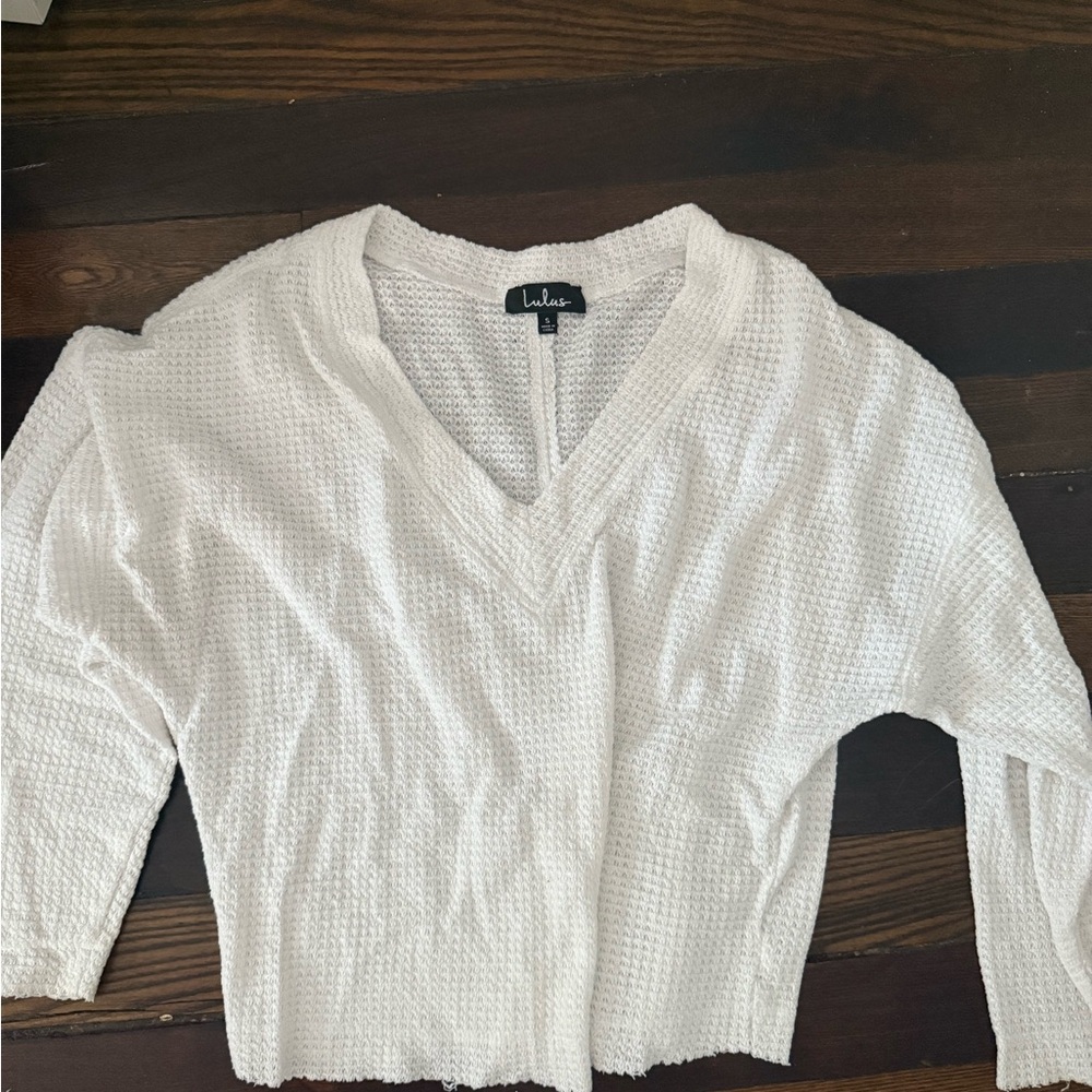 Lulu's Cream V-Neck Waffle Knit Top